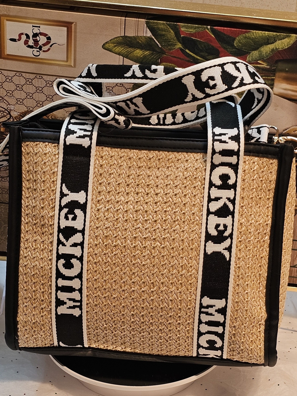 Disney Mickey Mouse Rafia Black & Natural Crossbody Bag - Picture 5 of 16